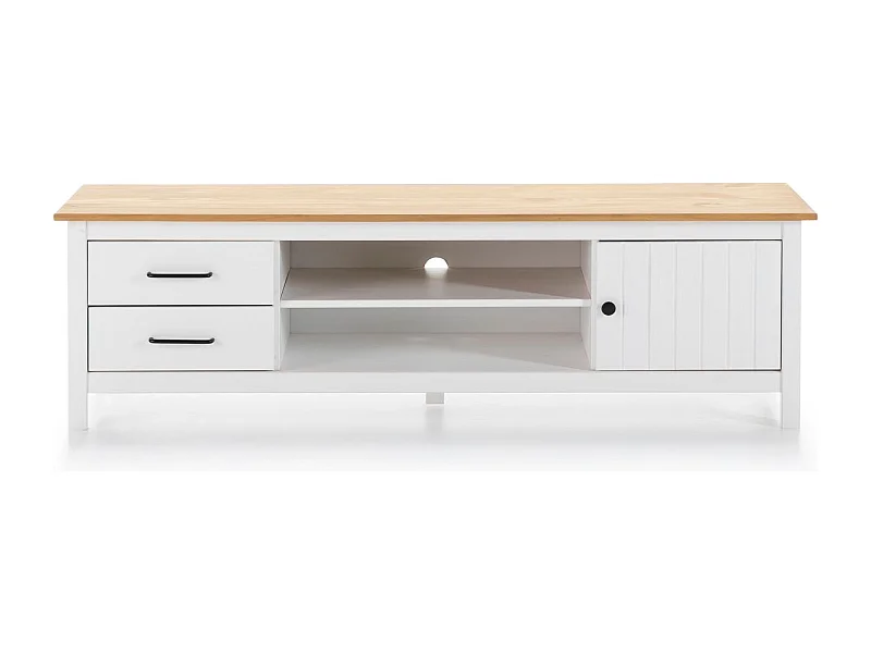 Meuble TV 1 porte 2 tiroirs en bois massif blanc 158 cm - Ida