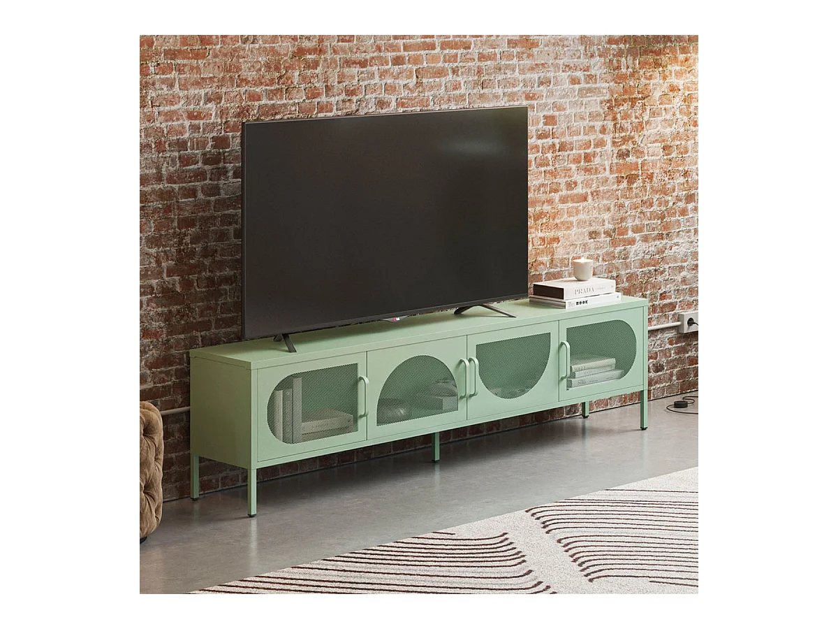 Meuble TV 4 portes en métal vert clair 180 cm - Inoa