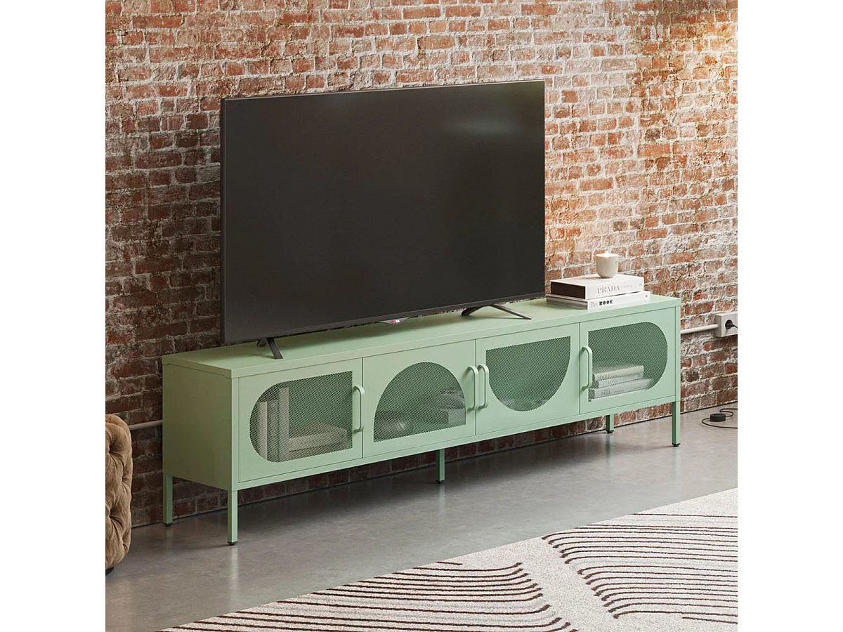Meuble TV 4 portes en métal vert clair 180 cm - Inoa