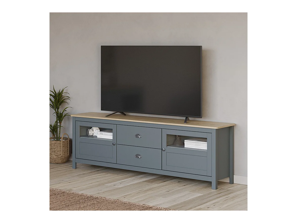 Meuble TV 2 portes 2 tiroirs en bois massif vert kaki 180 cm - Macha