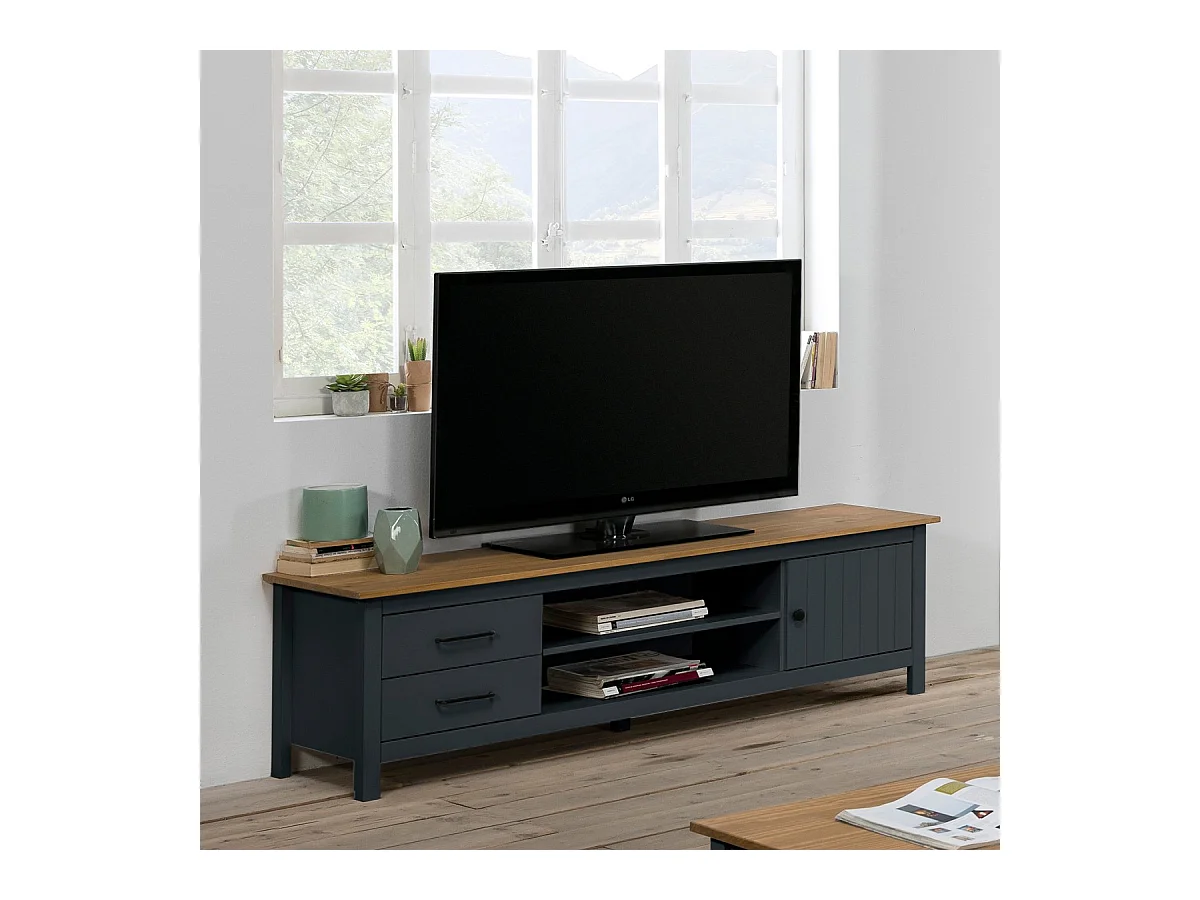 Meuble TV 1 porte 2 tiroirs en bois massif bleu 158 cm - Ida