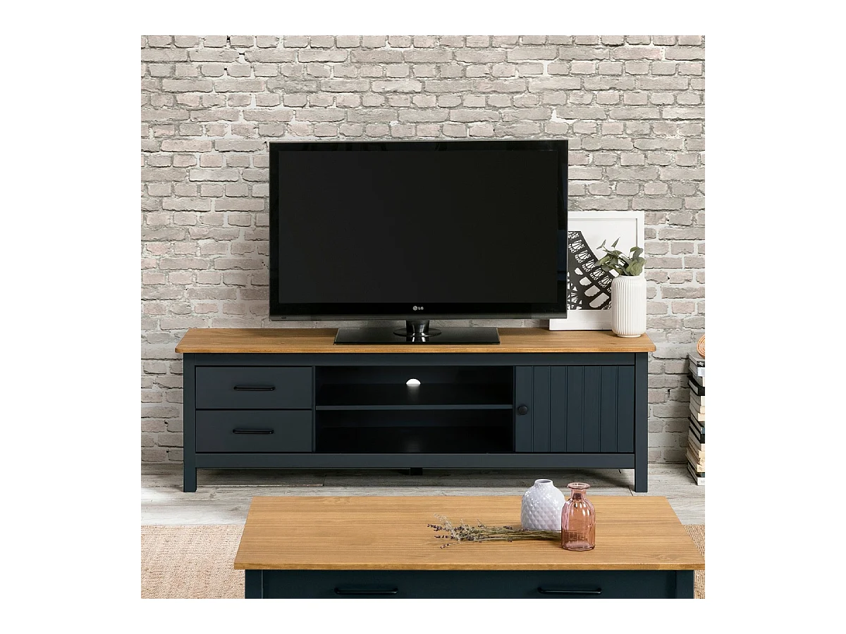 Meuble TV 1 porte 2 tiroirs en bois massif bleu 158 cm - Ida