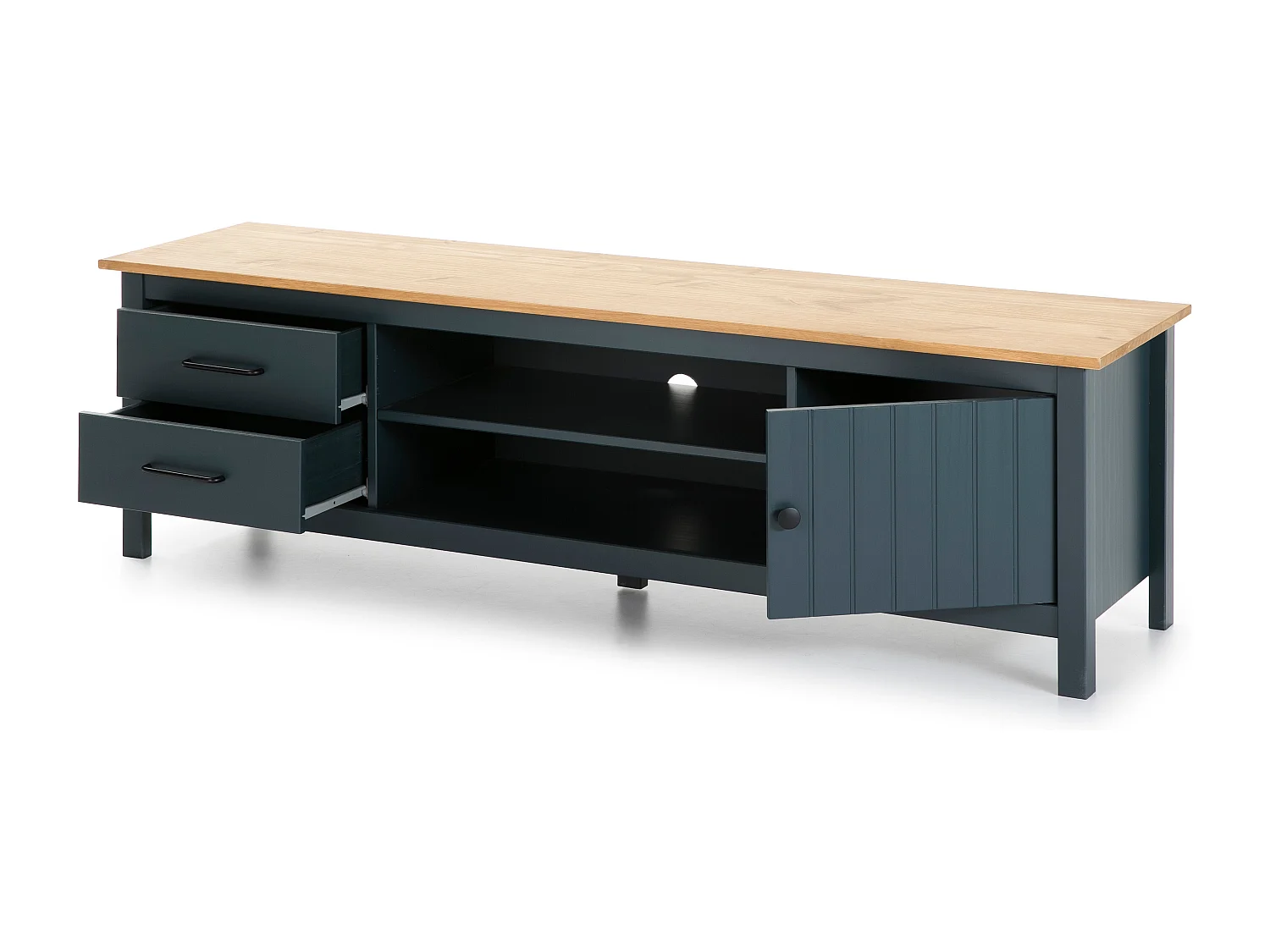 Meuble TV 1 porte 2 tiroirs en bois massif bleu 158 cm - Ida