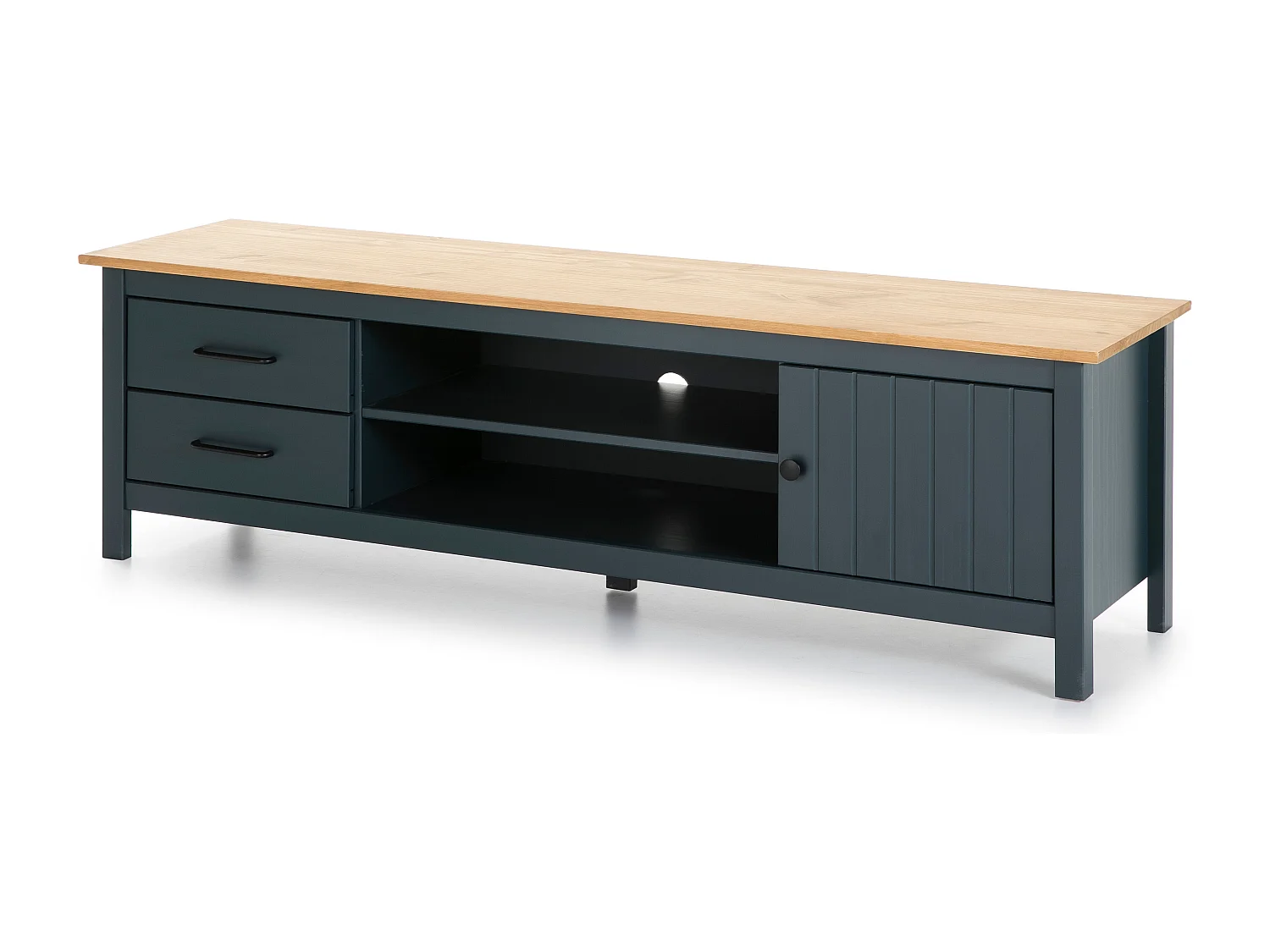 Meuble TV 1 porte 2 tiroirs en bois massif bleu 158 cm - Ida