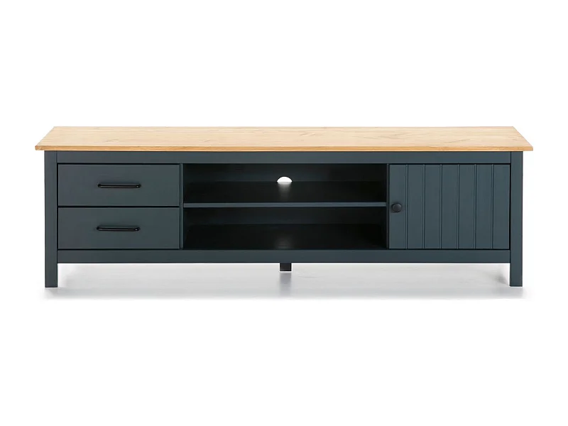 Meuble TV 1 porte 2 tiroirs en bois massif bleu 158 cm - Ida