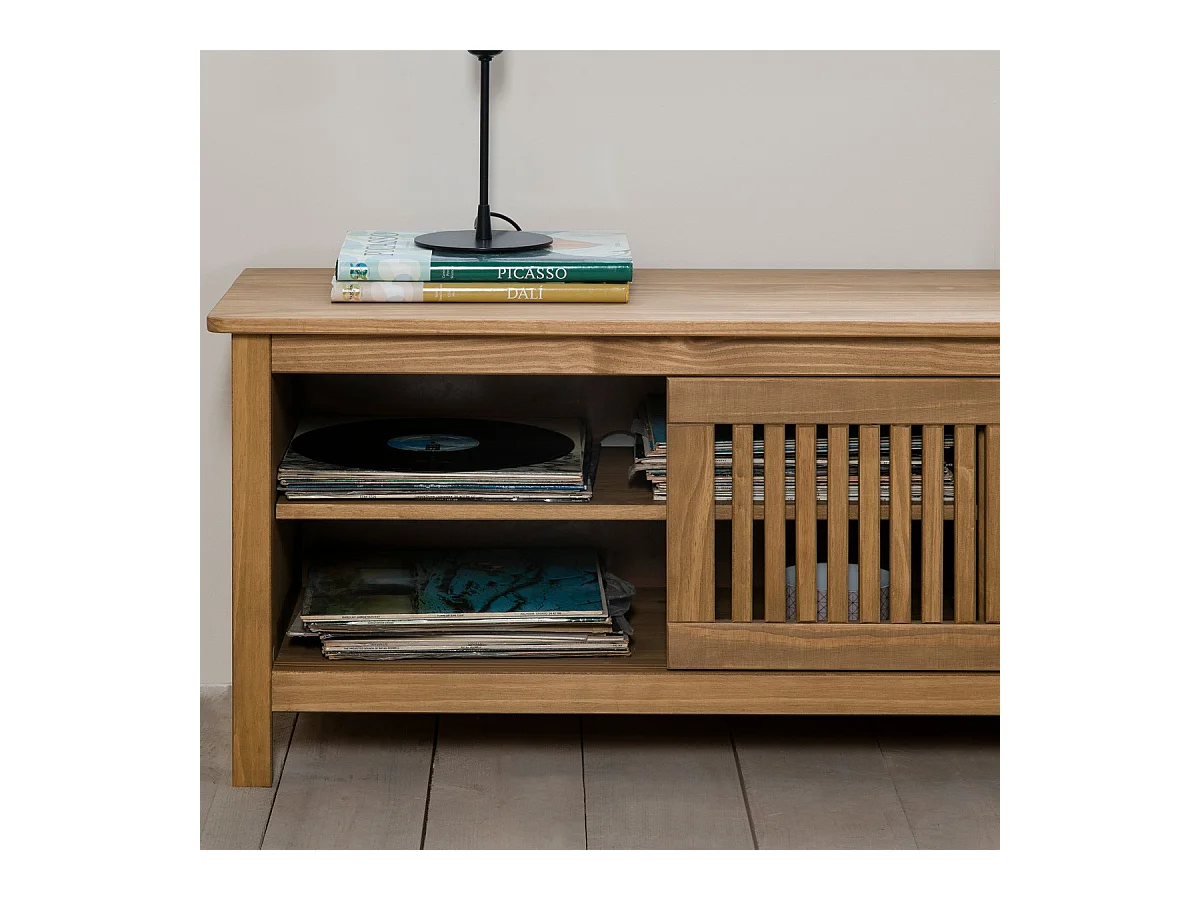 Meuble TV 1 porte coulissante 2 tiroirs en bois 158 cm - Fabia