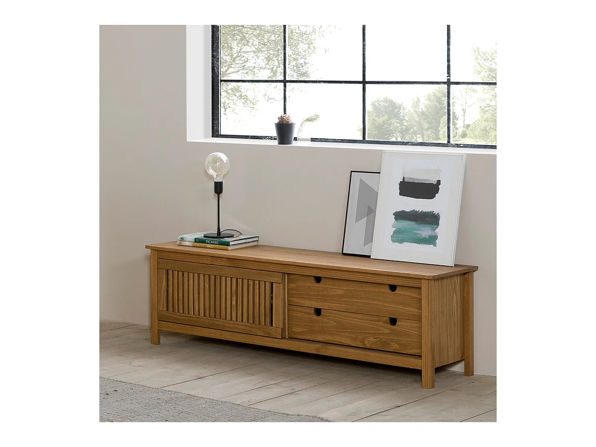 Meuble TV 1 porte coulissante 2 tiroirs en bois 158 cm - Fabia