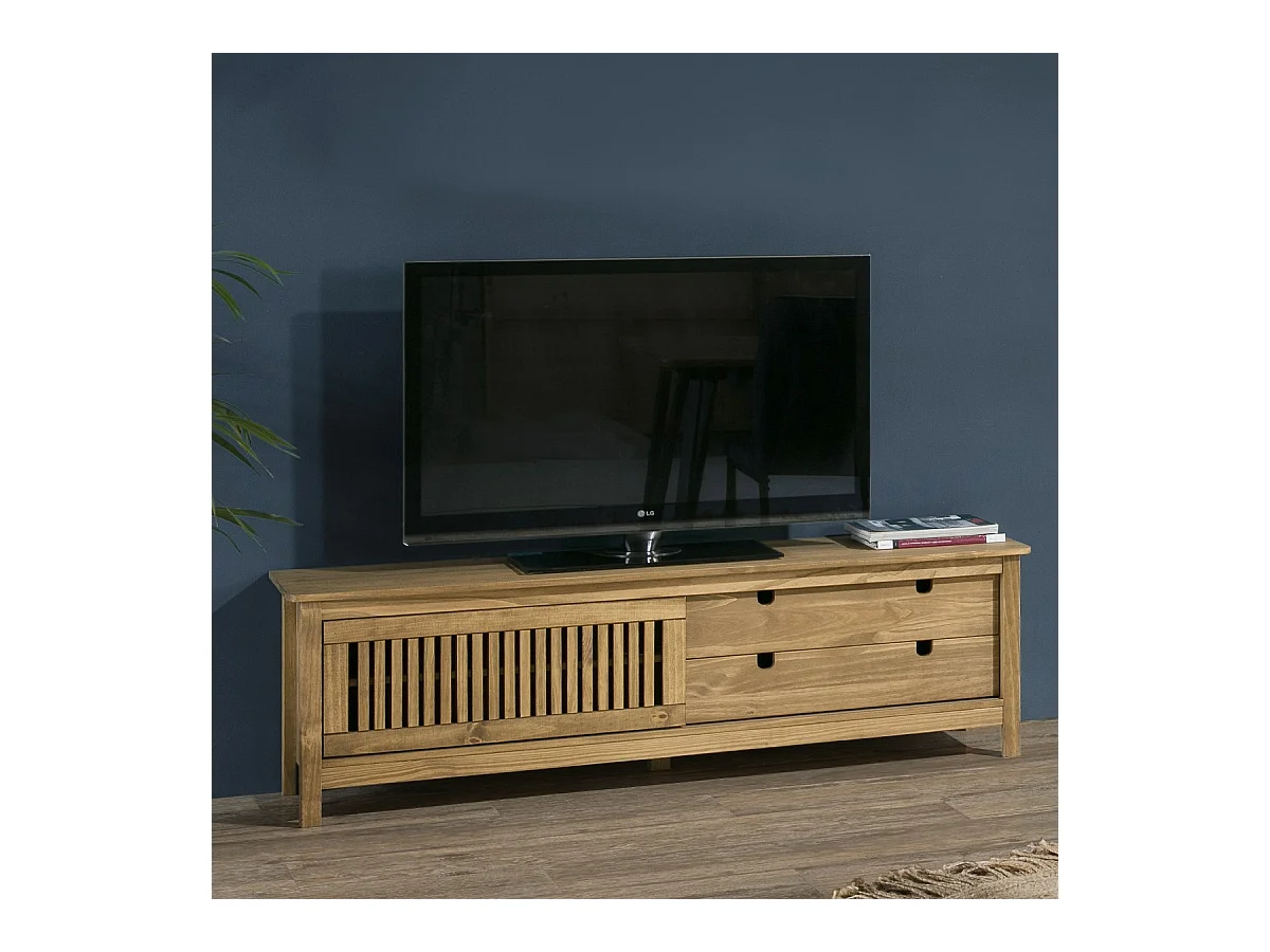 Meuble TV 1 porte coulissante 2 tiroirs en bois 158 cm - Fabia