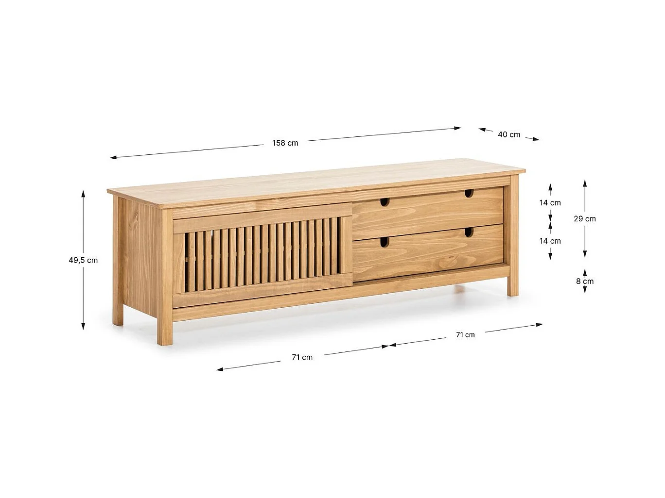 Meuble TV 1 porte coulissante 2 tiroirs en bois 158 cm - Fabia