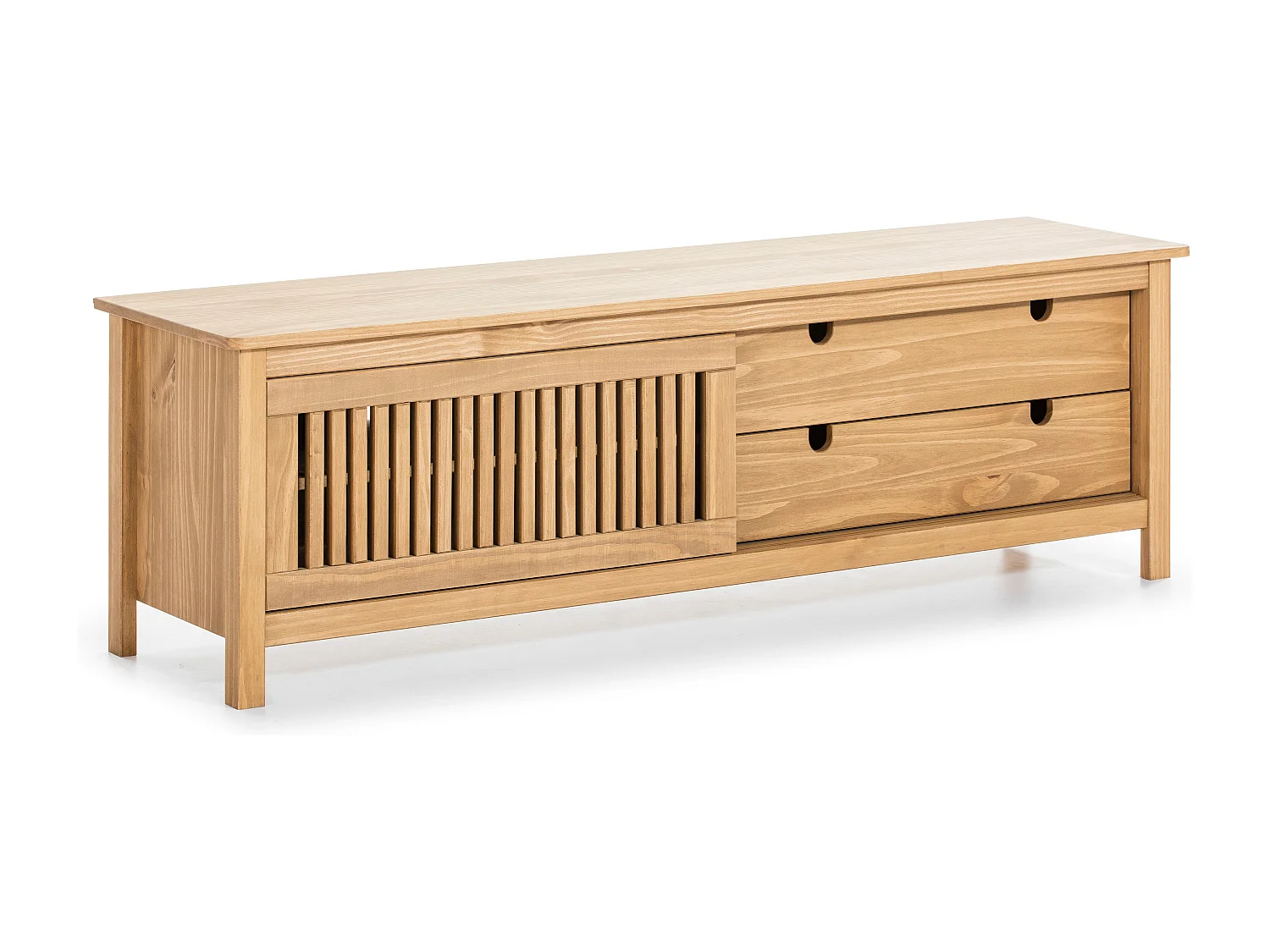 Meuble TV 1 porte coulissante 2 tiroirs en bois 158 cm - Fabia