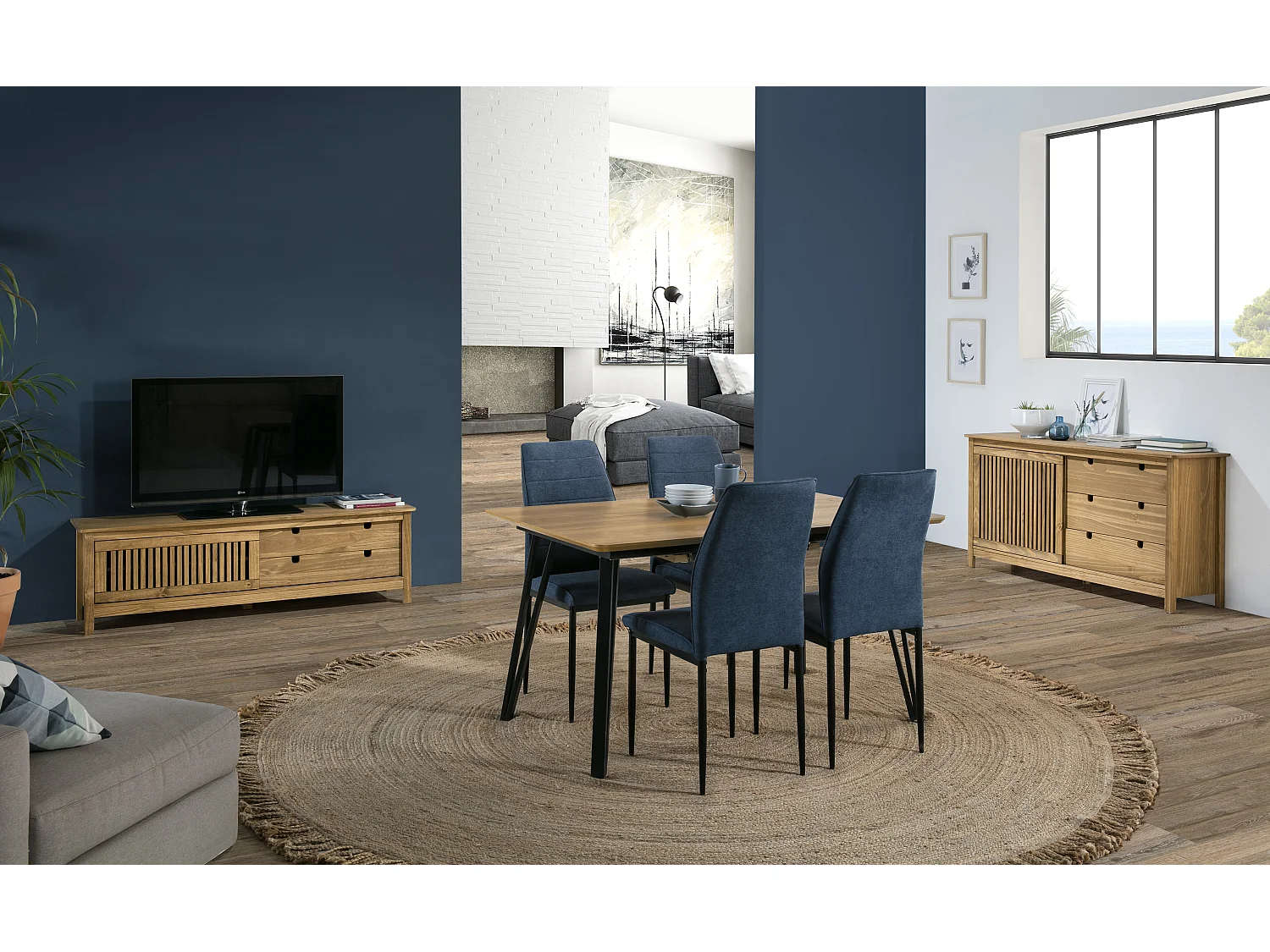 Meuble TV 1 porte coulissante 2 tiroirs en bois 158 cm - Fabia