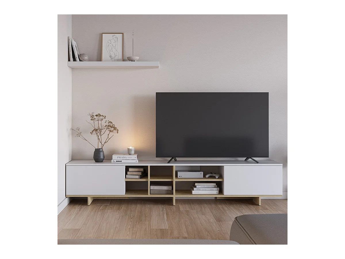 Meuble TV 2 portes décor chêne et blanc 230 cm - Alicia