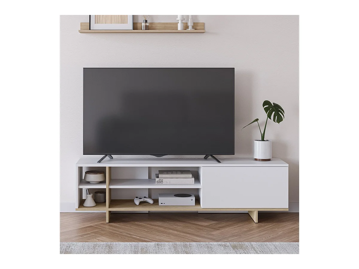 Meuble TV 1 porte et décor chêne 160 cm - Alicia