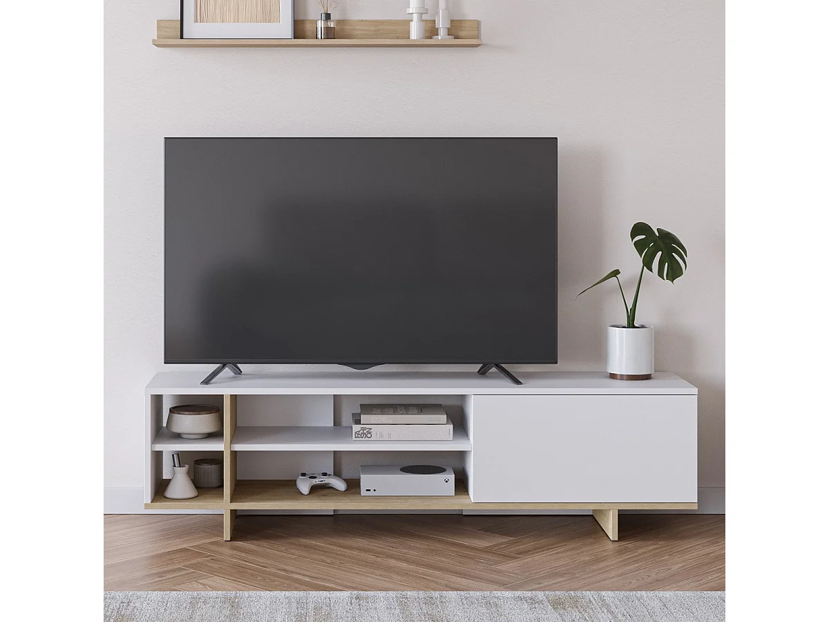 Meuble TV 1 porte et décor chêne 160 cm - Alicia