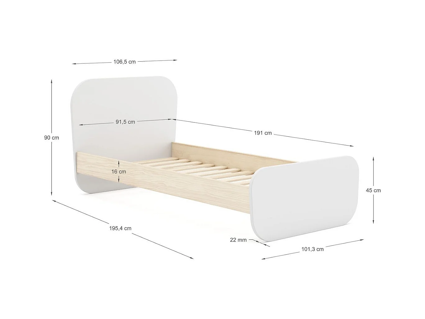 Lit enfant 90x190 cm avec tête de lit en bois blanc - Elise