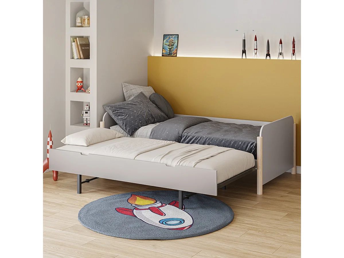 Lit enfant gigogne 90x190 cm avec tête de lit en bois beige - Bastien