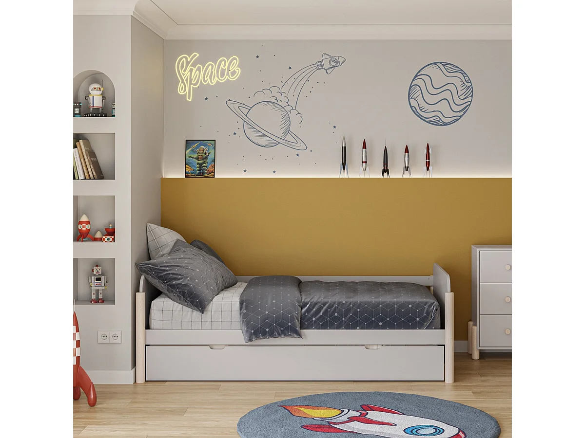 Lit enfant gigogne 90x190 cm avec tête de lit en bois beige - Bastien