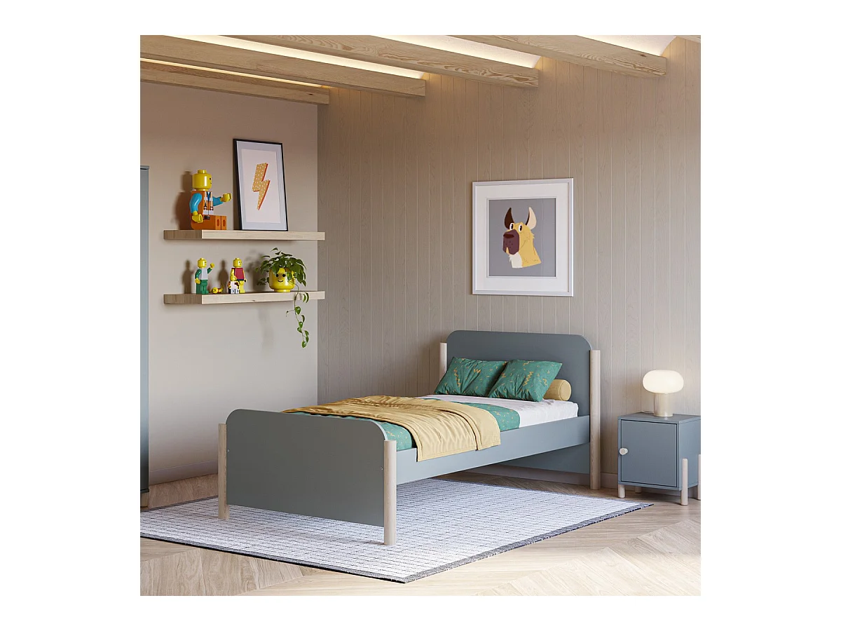 Lit enfant 90x190 cm avec tête de lit en bois vert kaki - Bastien