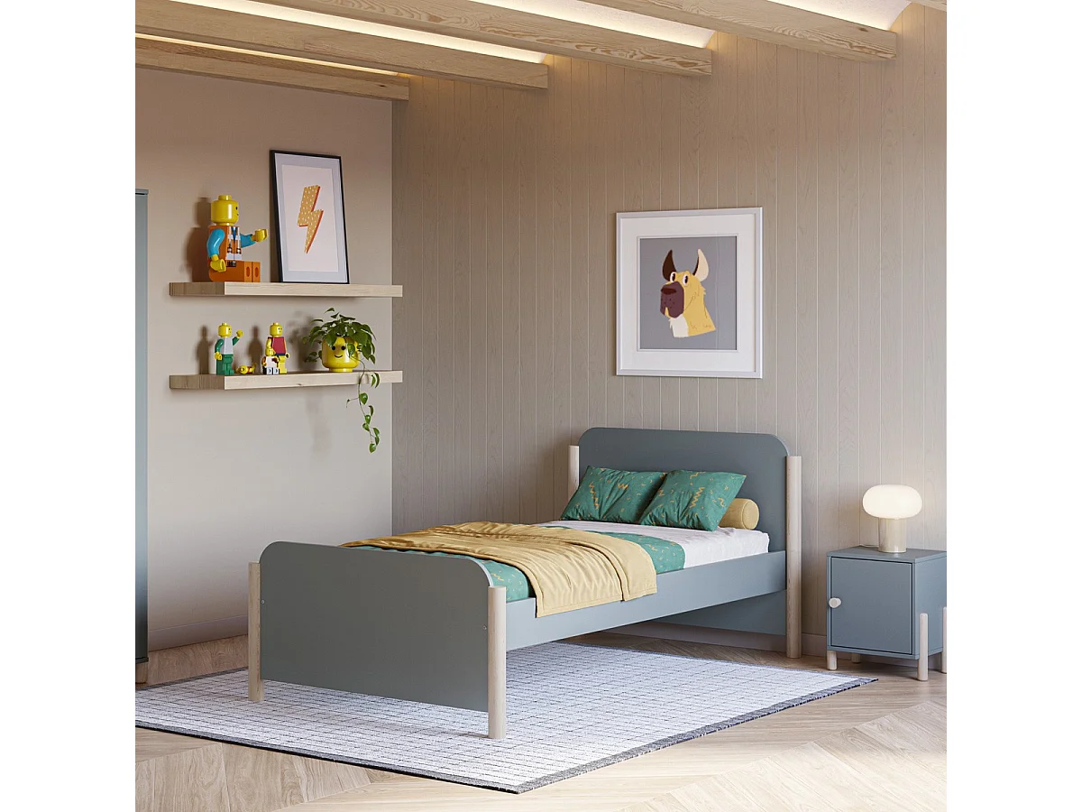 Lit enfant 90x190 cm avec tête de lit en bois vert kaki - Bastien