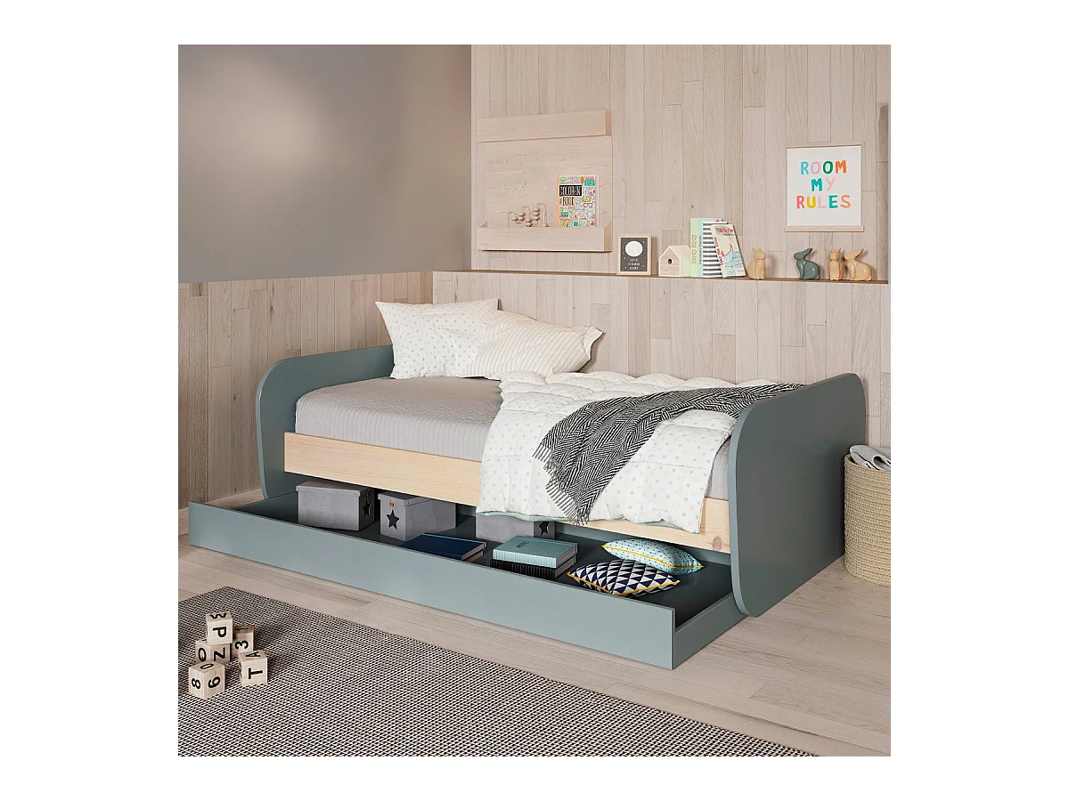 Lit gigogne enfant 90x190 cm à tiroir en bois vert kaki - Elise