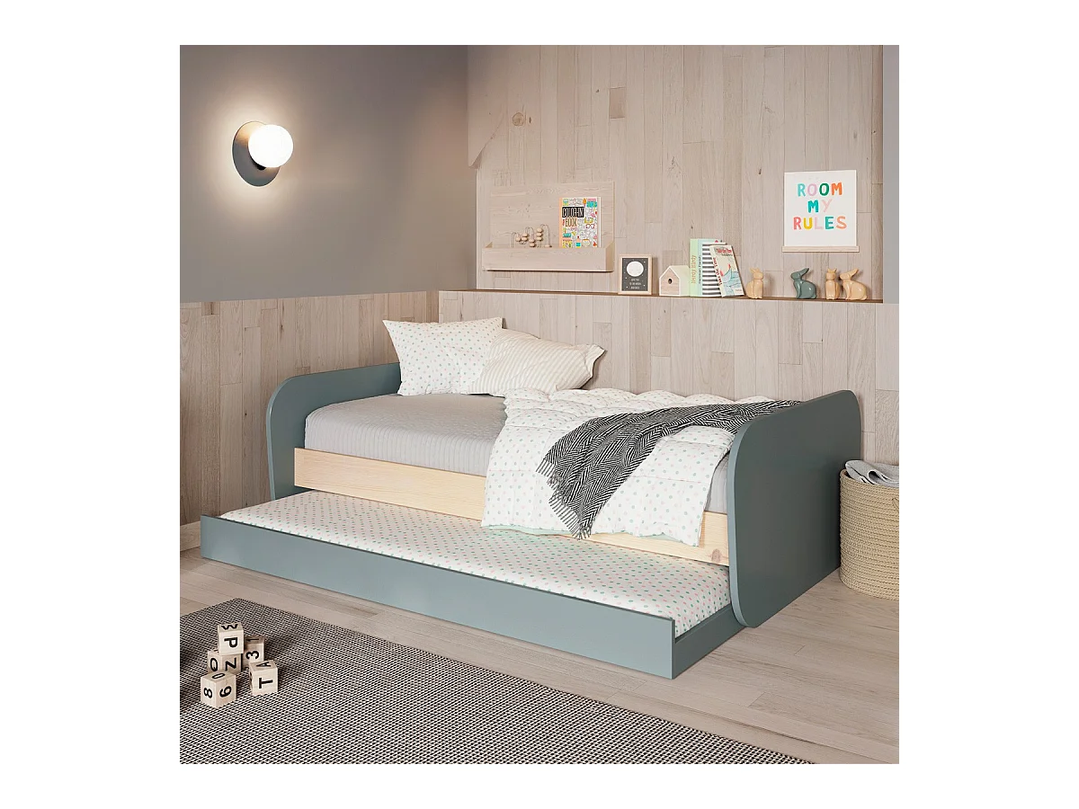 Lit gigogne enfant 90x190 cm à tiroir en bois vert kaki - Elise