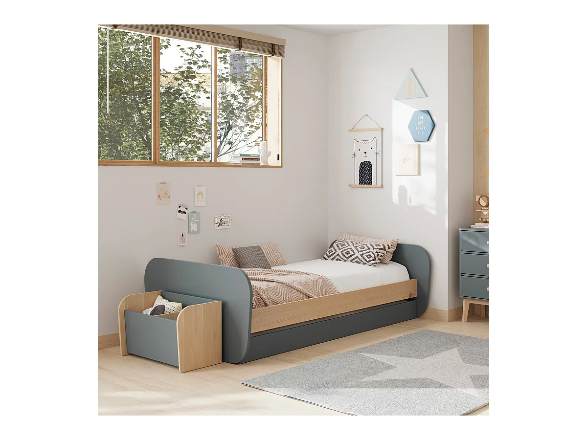 Lit gigogne enfant 90x190 cm à tiroir en bois vert kaki - Elise