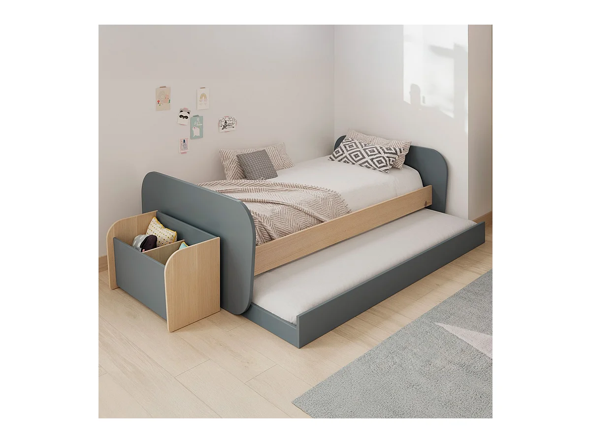 Lit gigogne enfant 90x190 cm à tiroir en bois vert kaki - Elise