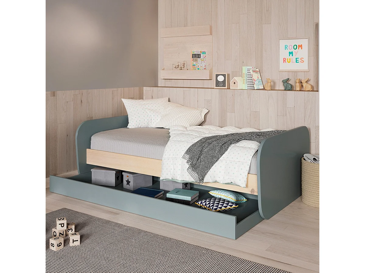 Lit gigogne enfant 90x190 cm à tiroir en bois vert kaki - Elise