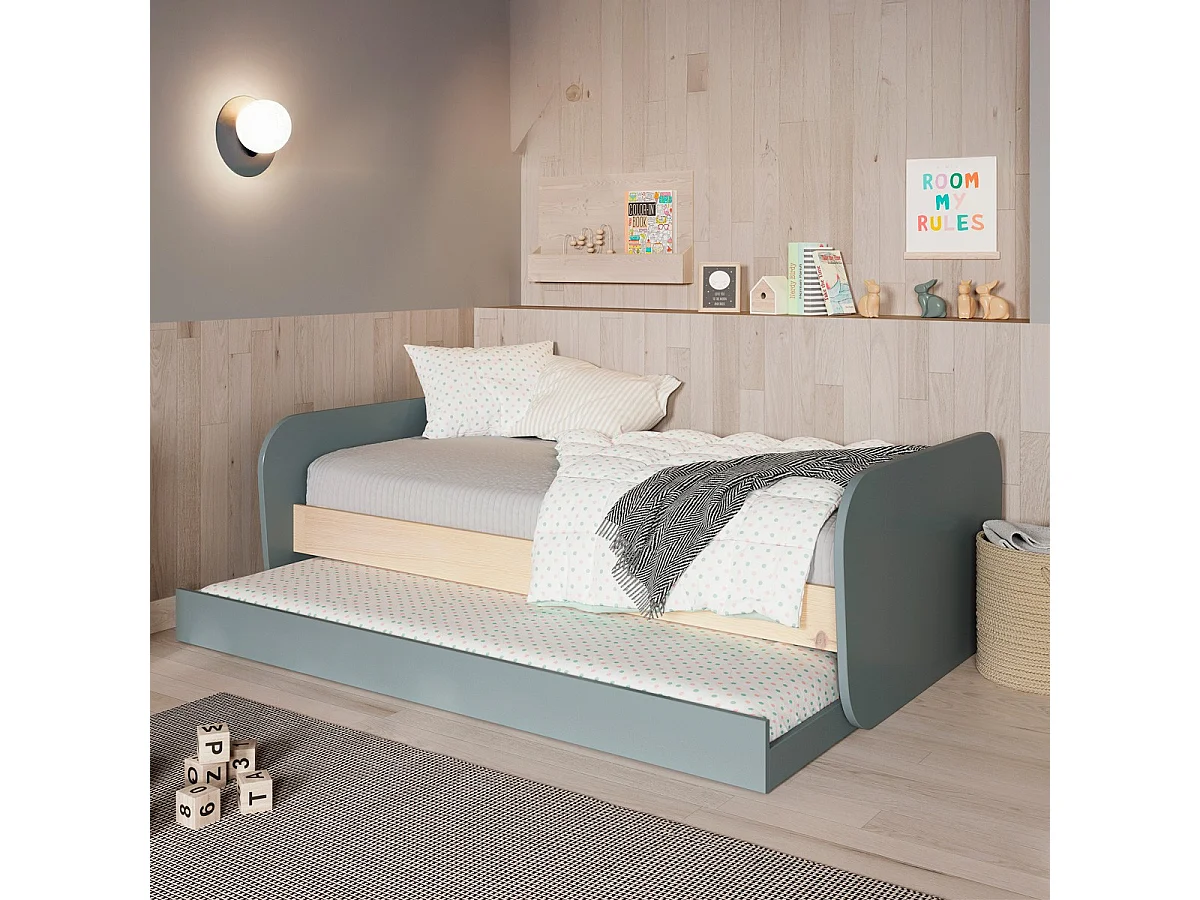 Lit gigogne enfant 90x190 cm à tiroir en bois vert kaki - Elise