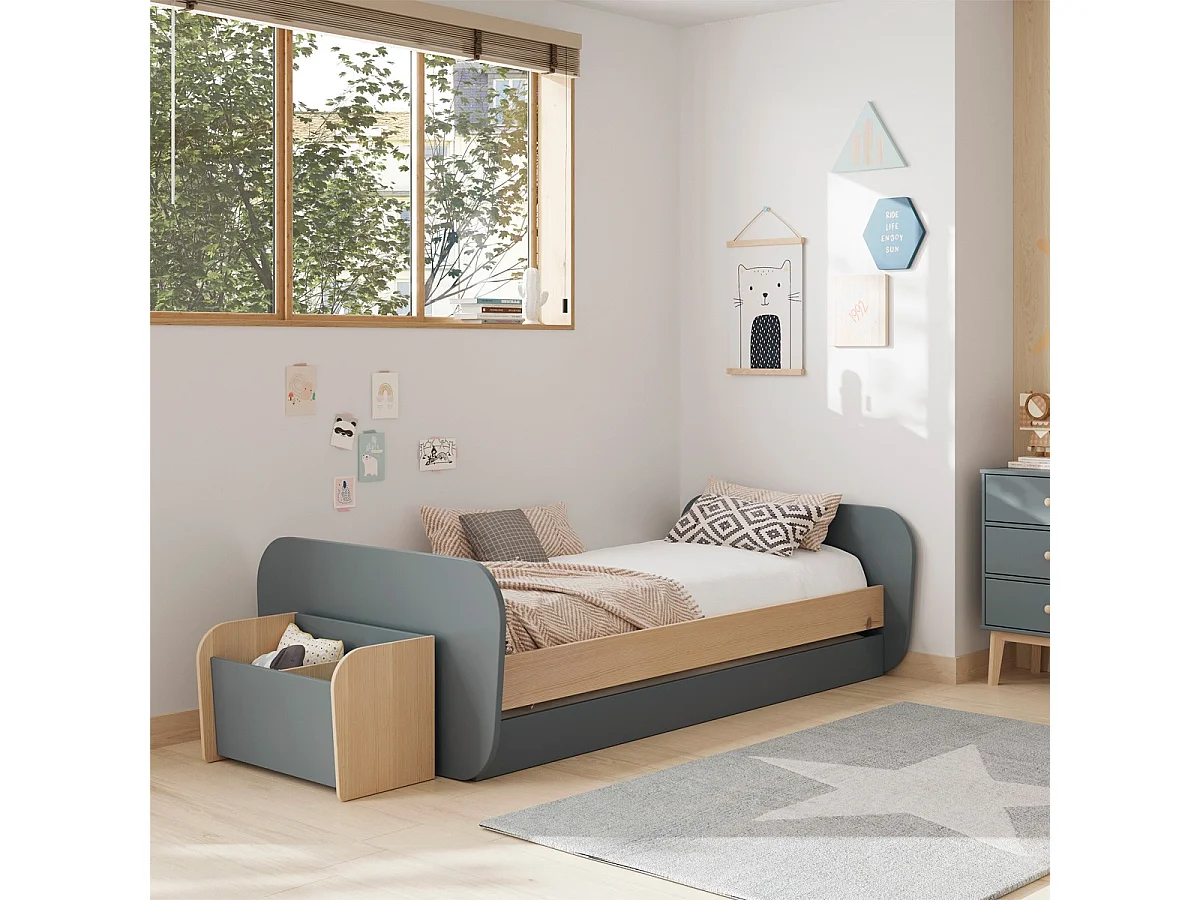 Lit gigogne enfant 90x190 cm à tiroir en bois vert kaki - Elise