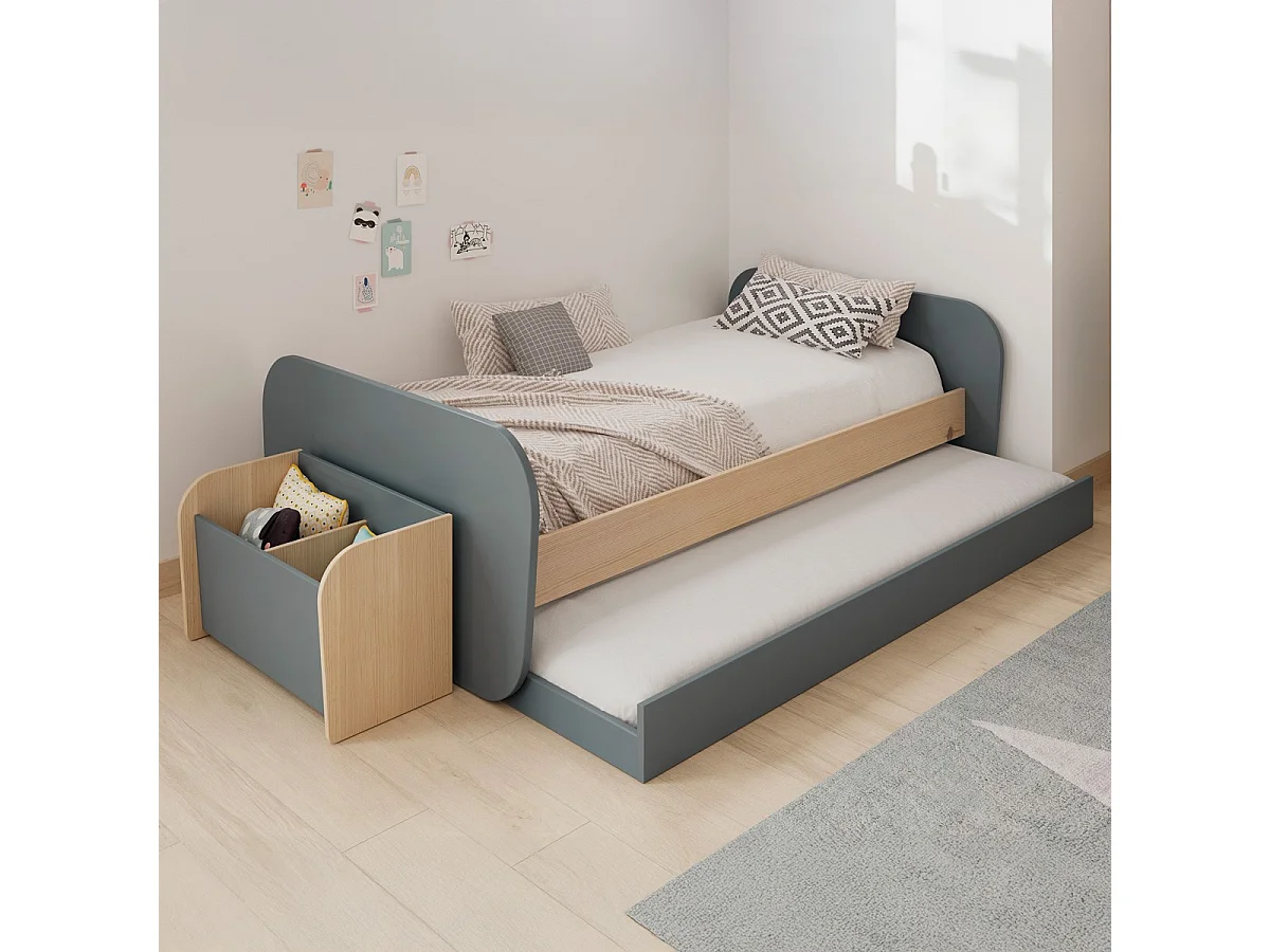 Lit gigogne enfant 90x190 cm à tiroir en bois vert kaki - Elise