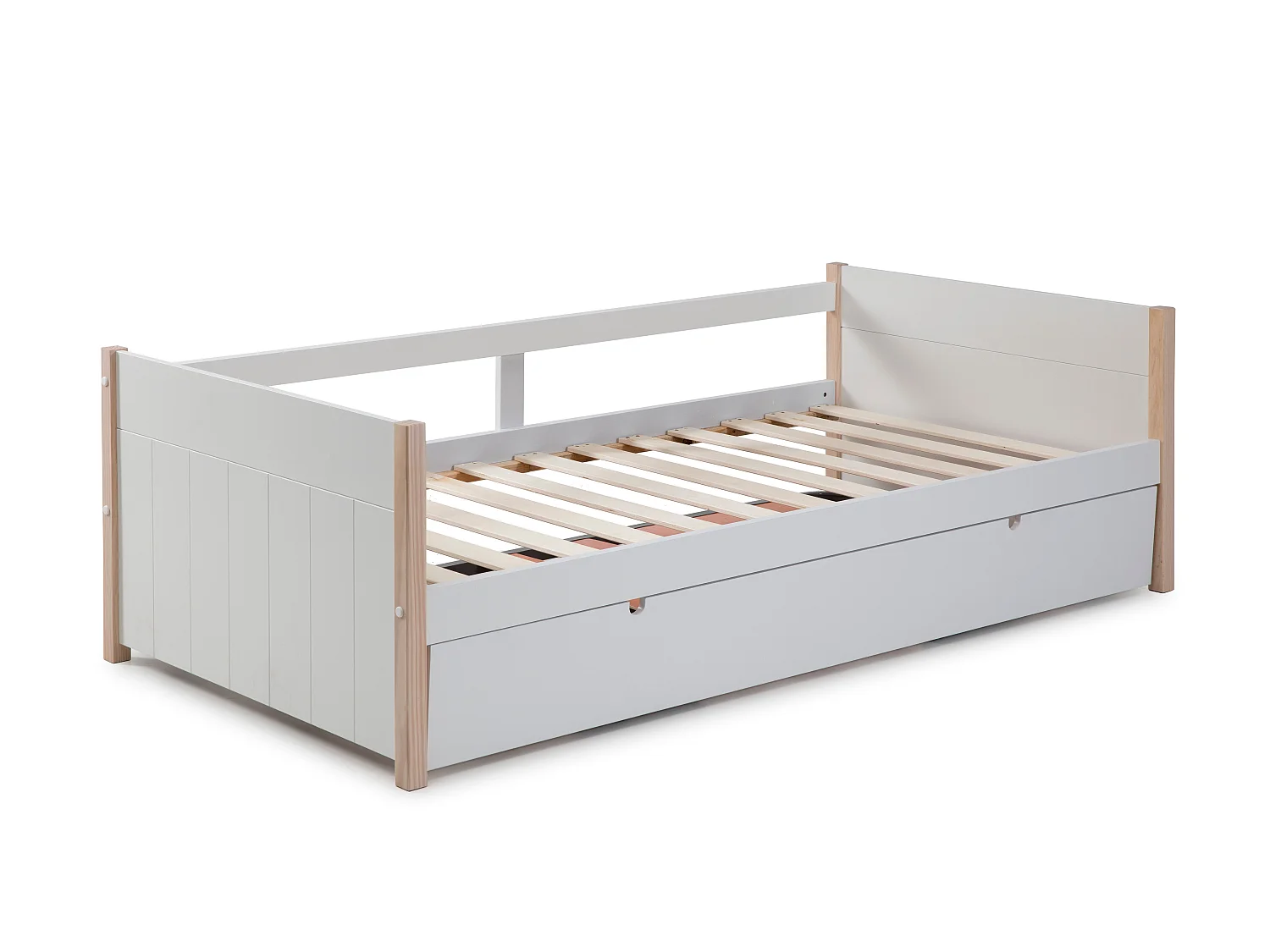 Lit gigogne couchages 90x190 cm décor blanc laqué et bois clair - CLÉMENCE