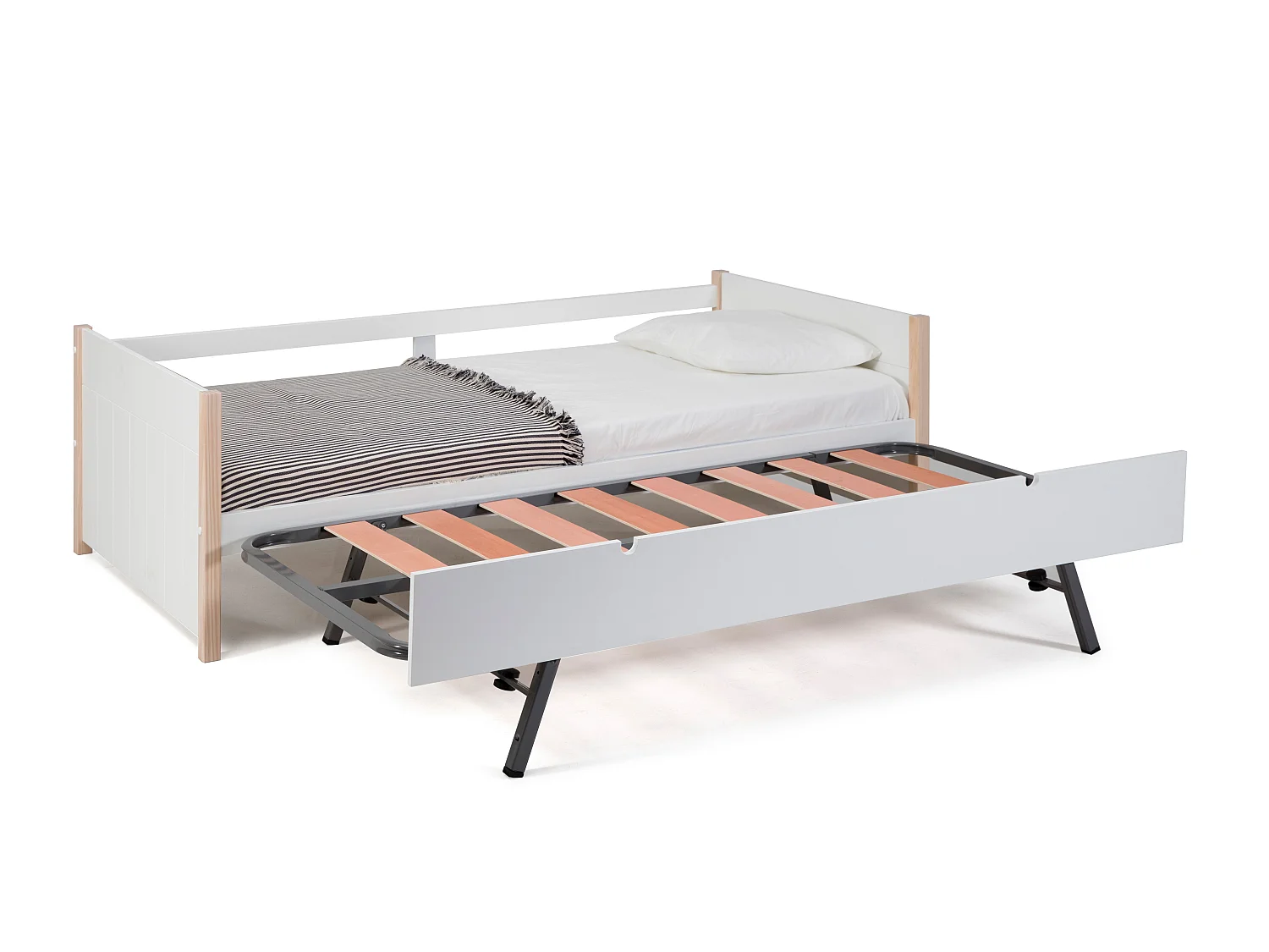 Lit gigogne couchages 90x190 cm décor blanc laqué et bois clair - CLÉMENCE