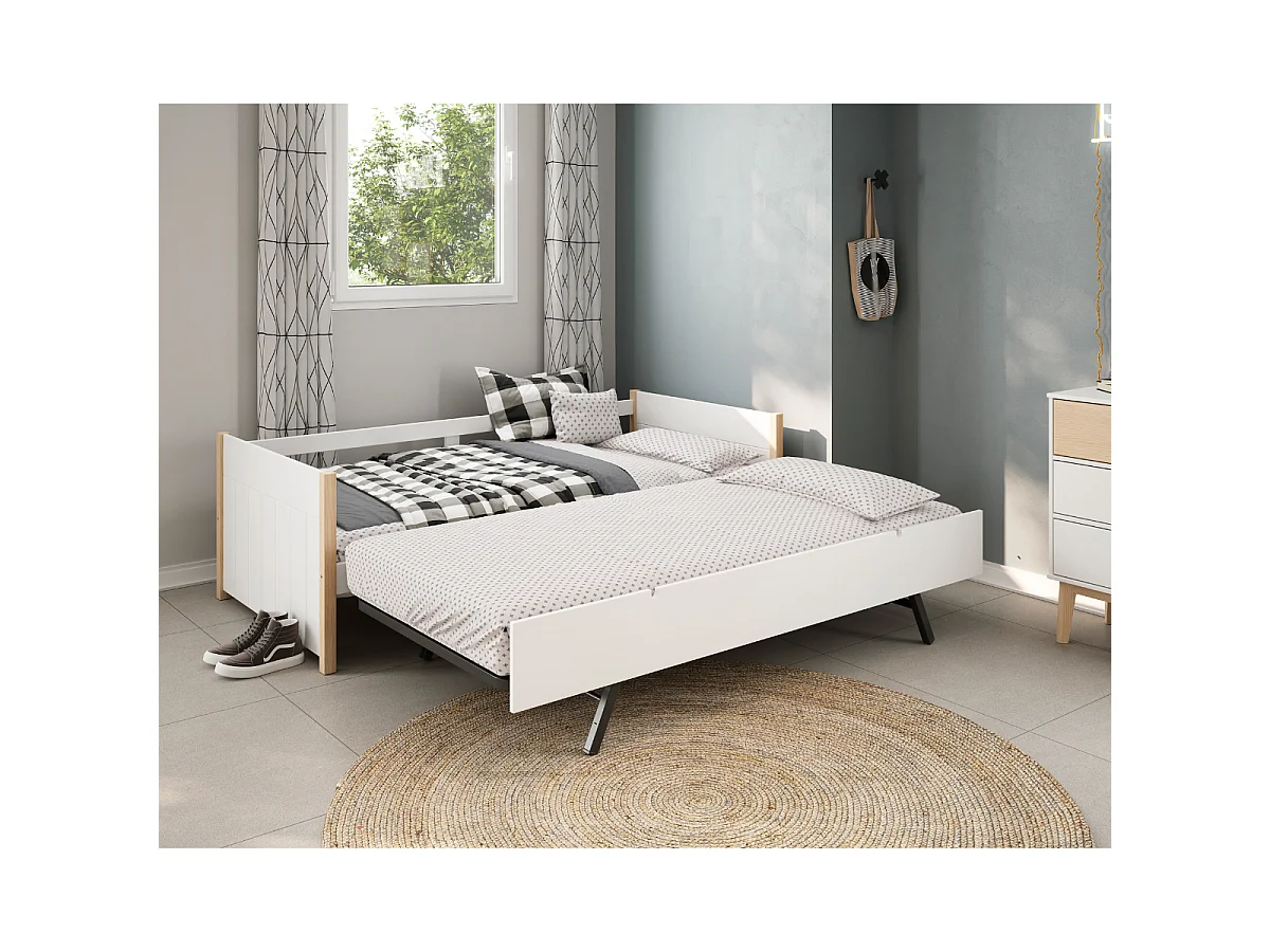 Lit gigogne couchages 90x190 cm décor blanc laqué et bois clair - CLÉMENCE