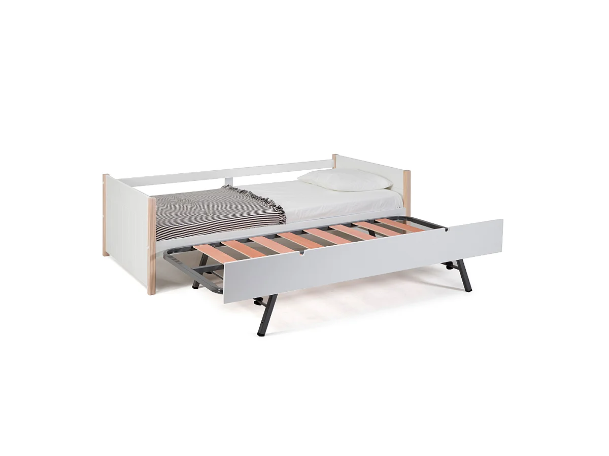Lit gigogne couchages 90x190 cm décor blanc laqué et bois clair - CLÉMENCE