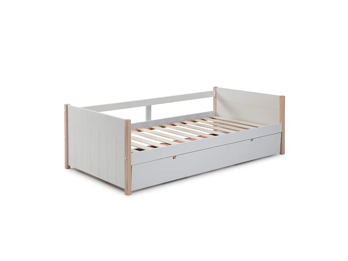 Lit gigogne couchages 90x190 cm décor blanc laqué et bois clair - CLÉMENCE