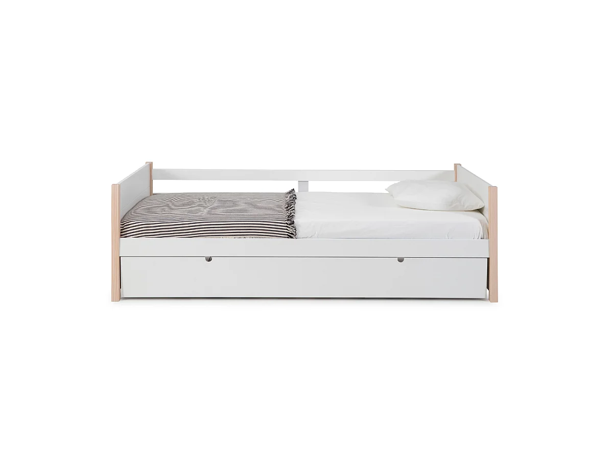 Lit gigogne couchages 90x190 cm décor blanc laqué et bois clair - CLÉMENCE