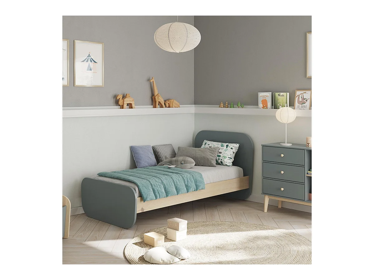 Lit enfant 90x190 cm avec tête de lit en bois vert kaki - Elise