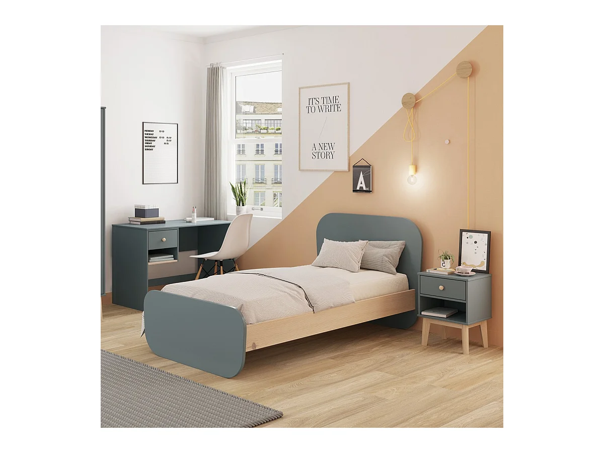 Lit enfant 90x190 cm avec tête de lit en bois vert kaki - Elise