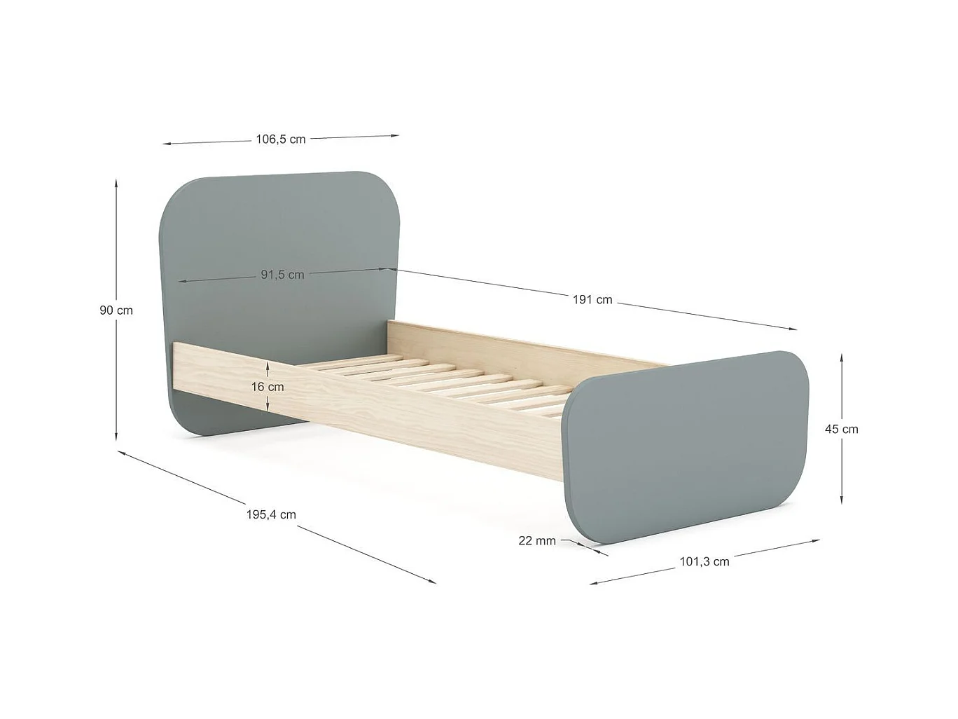 Lit enfant 90x190 cm avec tête de lit en bois vert kaki - Elise