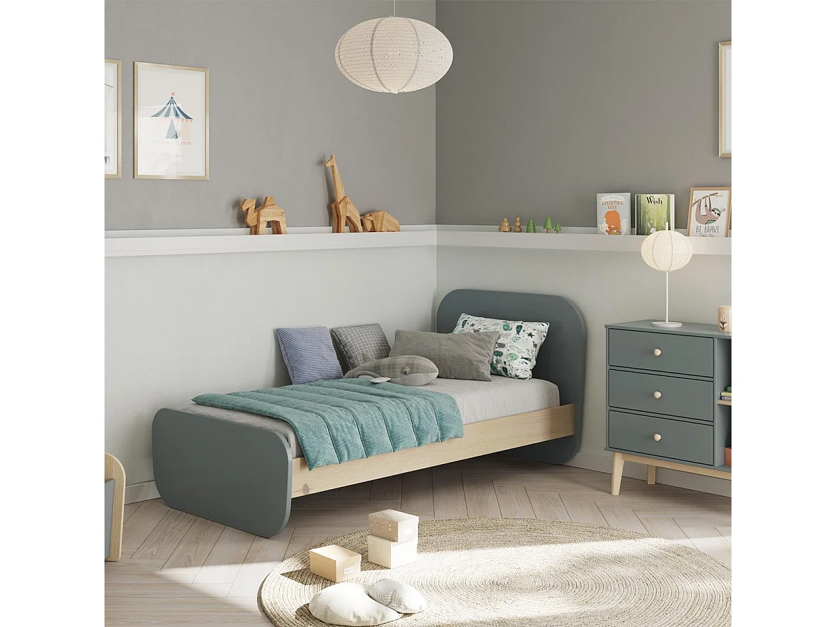 Lit enfant 90x190 cm avec tête de lit en bois vert kaki - Elise
