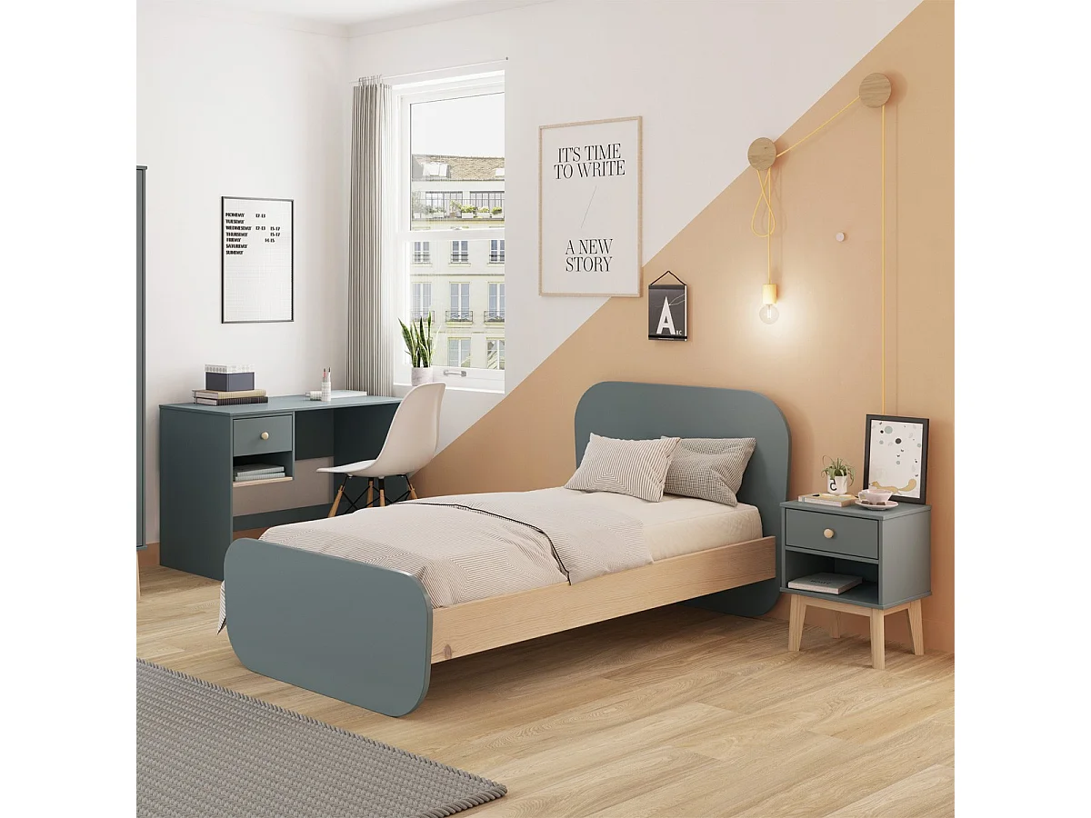 Lit enfant 90x190 cm avec tête de lit en bois vert kaki - Elise