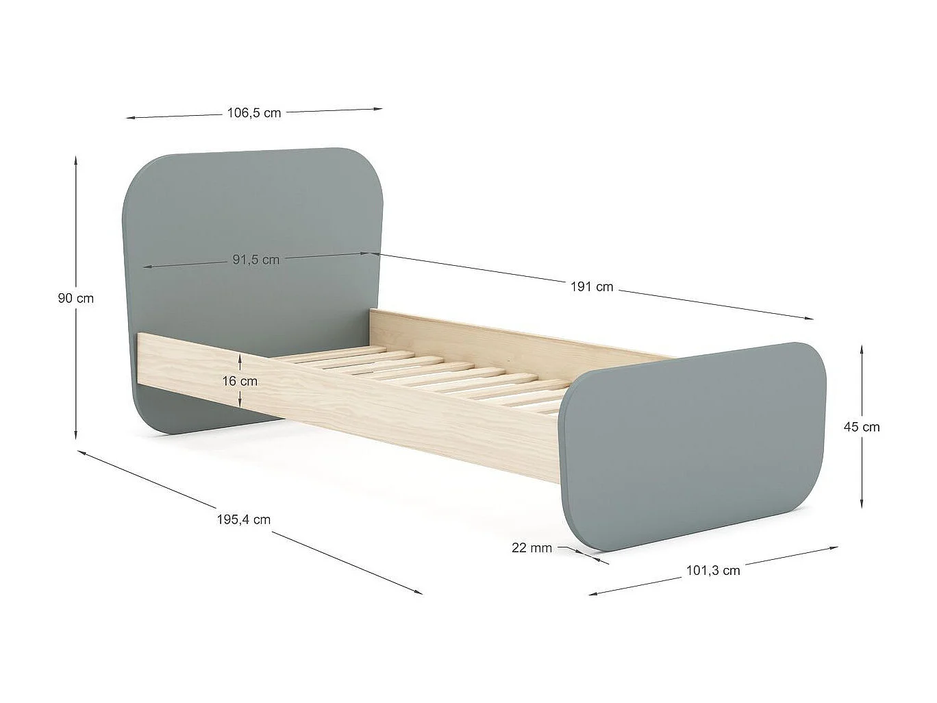 Lit enfant 90x190 cm avec tête de lit en bois vert kaki - Elise