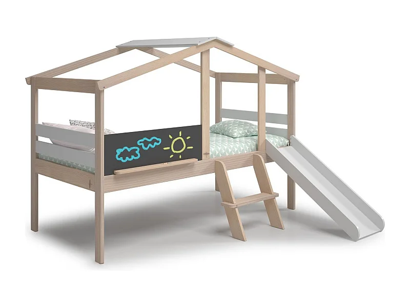 Lit cabane enfant avec toboggan 90x190 cm en bois clair/blanc - Jules