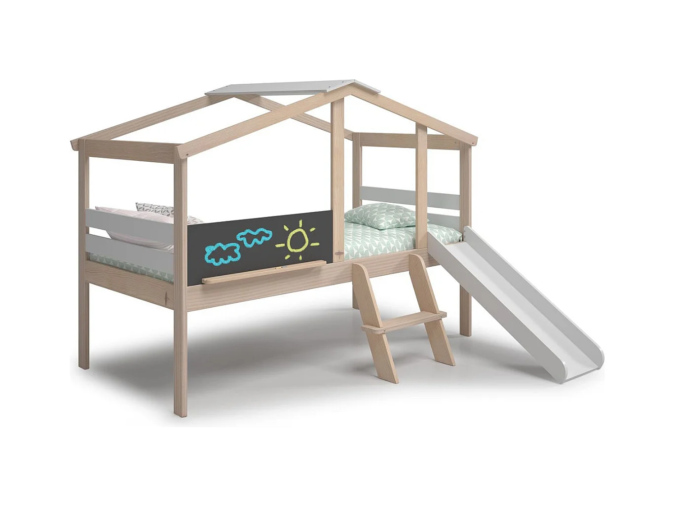 Lit cabane enfant avec toboggan 90x190 cm en bois clair/blanc - Jules