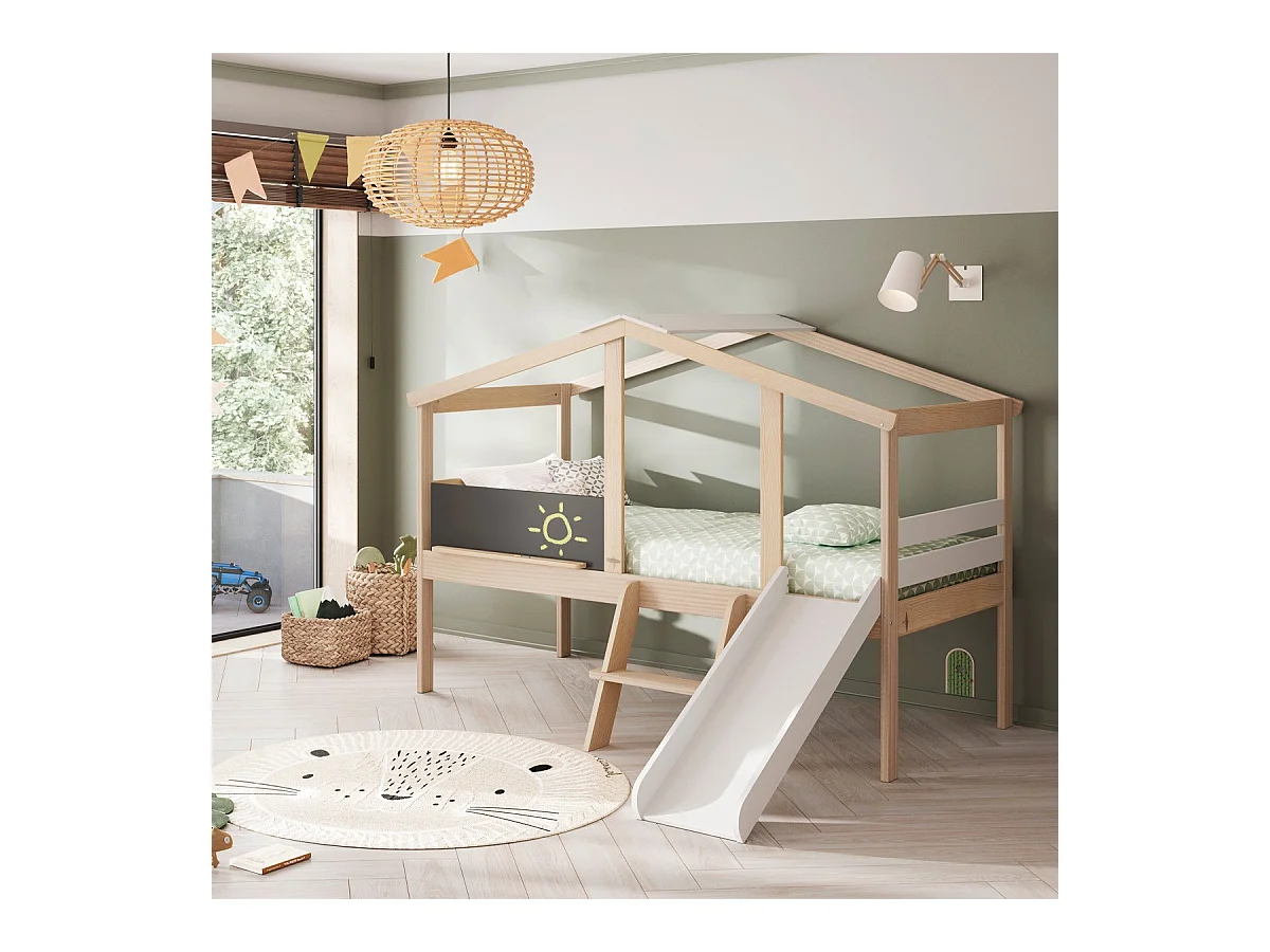 Lit cabane enfant avec toboggan 90x190 cm en bois clair/blanc - Jules