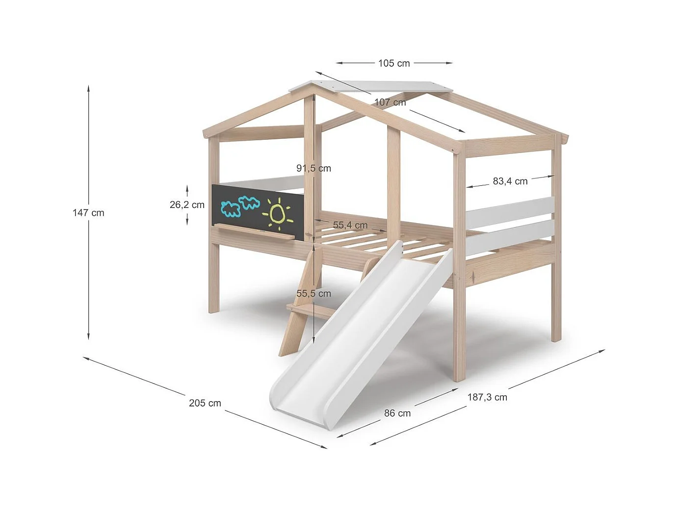 Lit cabane enfant avec toboggan 90x190 cm en bois clair/blanc - Jules