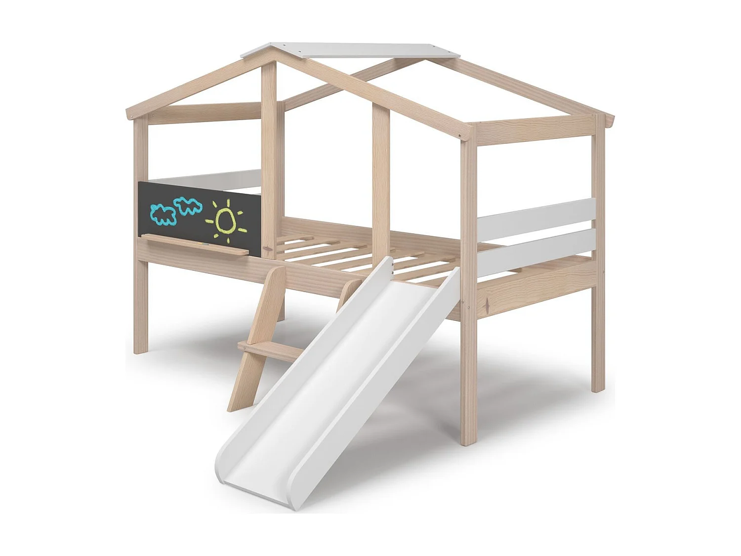 Lit cabane enfant avec toboggan 90x190 cm en bois clair/blanc - Jules