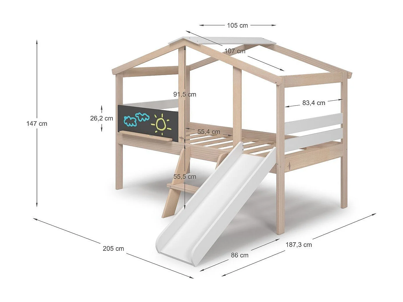 Lit cabane enfant avec toboggan 90x190 cm en bois clair/blanc - Jules