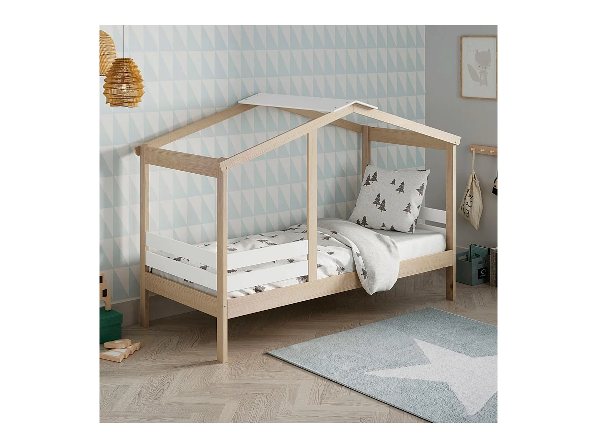 Lit cabane enfant 90x190 cm en bois clair/blanc - Violette